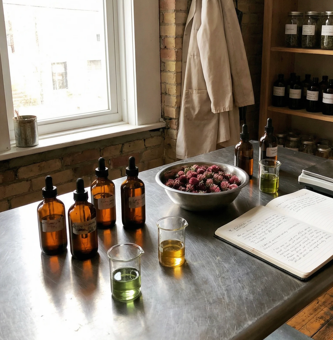 Préparations et flacons dans l’atelier
